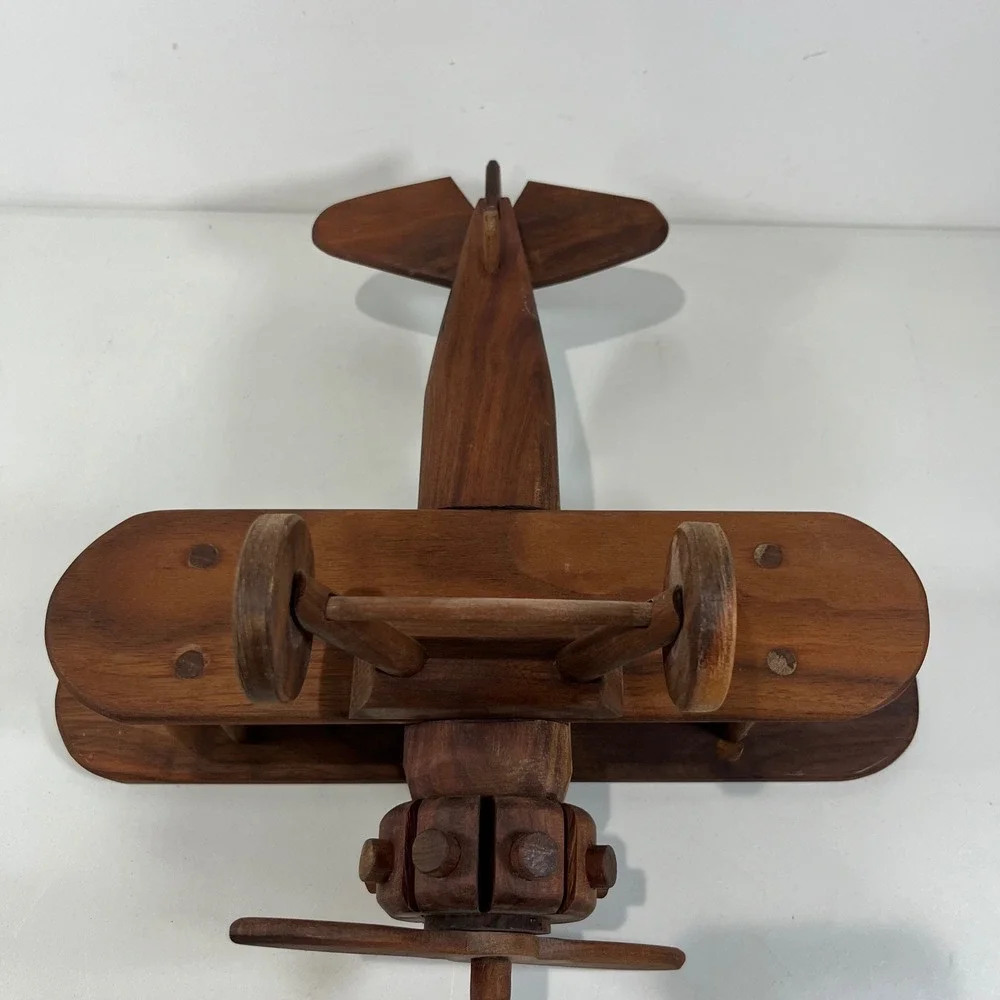 Vtg Wood Biplane Model Airplane Handcrafted Wood Decor Aviator MCM Collectible